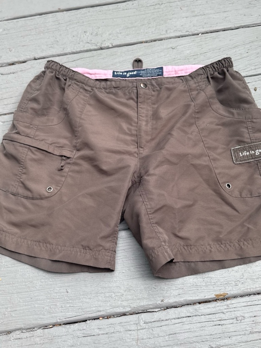 Life Is Good Women’s Brown Cargo Shorts with Pink Waist Lining